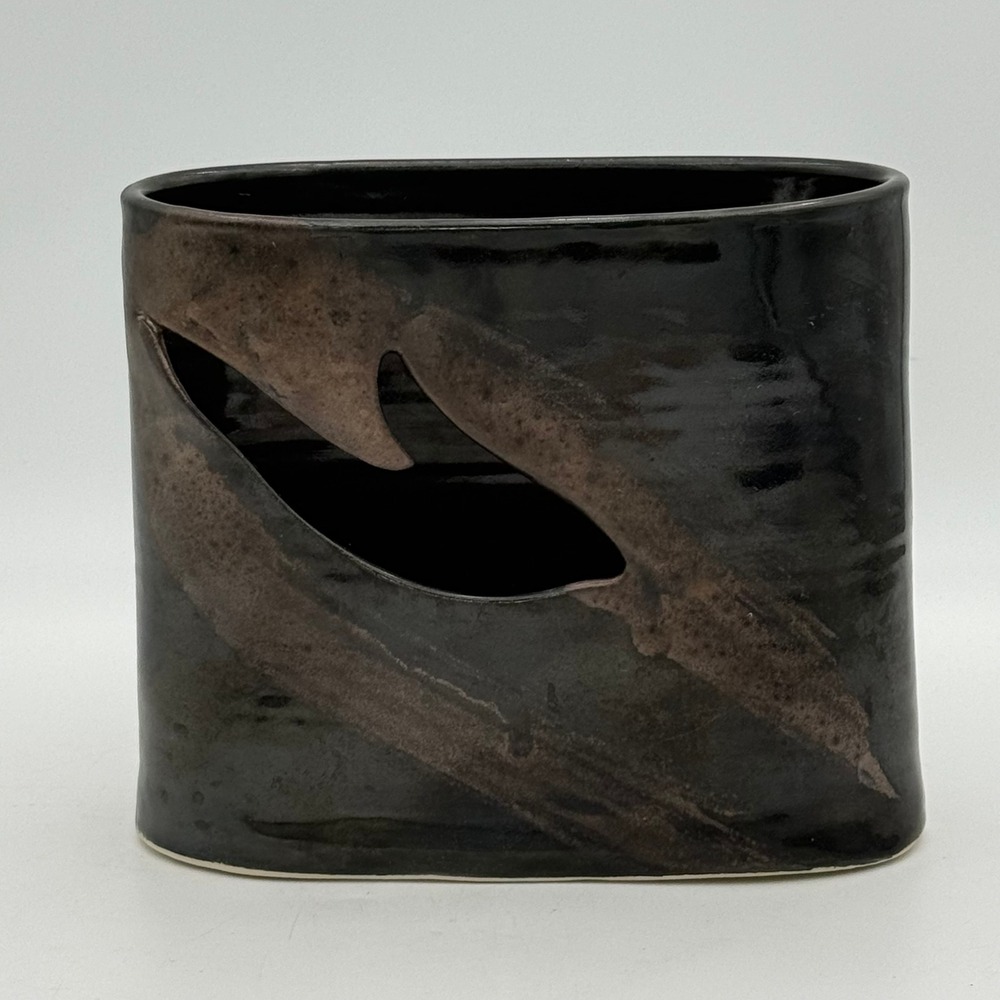 Sibylle Studio Pottery Ceramic Vase Black Brown Cutout Oval Art Decor Signed